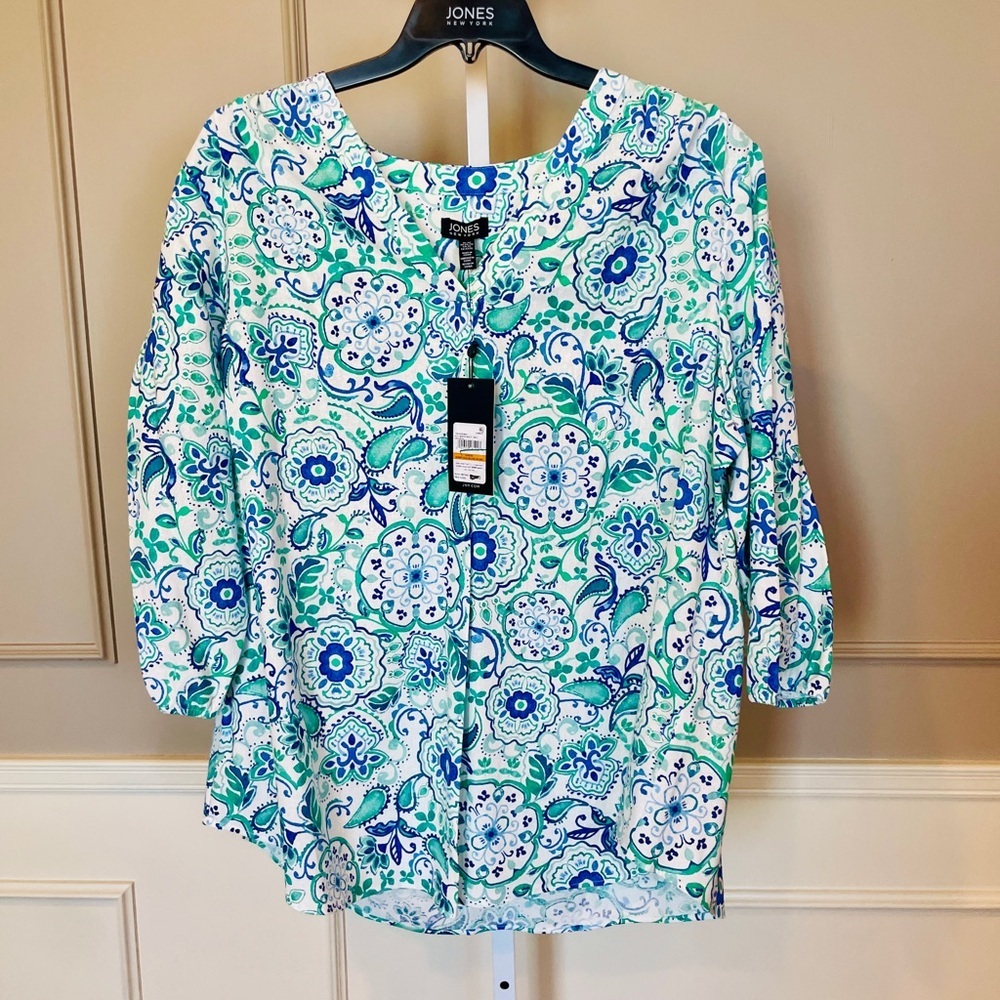 Jones New York Blue Green White Floral Tunic